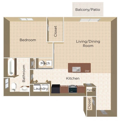 A floor plan of a small apartment with a bedroom, living/dining room, kitchen, bathroom, and laundry room.